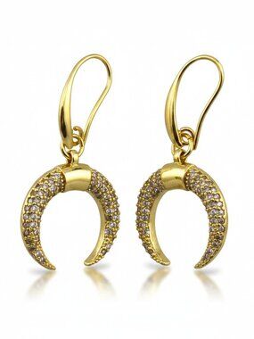 18K Gold Filled Crescent Moon Horn Earrings | CZ Pave | Boho Dangle Lightweight